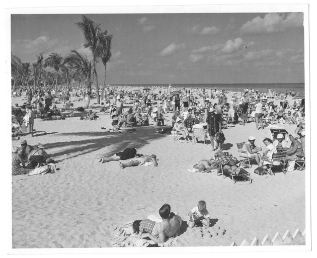 Miami Beach scenes at Lummus Park and Fort-sixth Street - Photograph, recto: [Lummus Park beach scene, February 23, 1958]