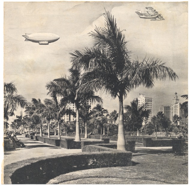 Bayfront Park with aircraft drawn in, Miami, Florida, 1931 - Photograph, recto: [Greater Miami Apartment House Association, view of park in downtown Miami]