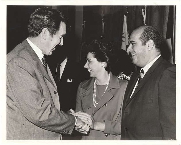 Scenes of Mayor Jay Dermer at various events - Photograph, recto: [Young Democrats of the South Convention, (left to right) Maine Senator Edmund Muskie, Yaffa Dermer (wife of Jay), and Miami Beach Mayor Jay Dermer, January 8, 1969]