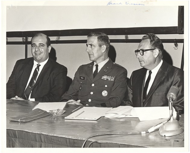 Miami Beach Mayor Jay Dermer at city events, 1960s - Photograph, recto: [Mayor Jay Dermer, ? Noble, and another man at an Army Corps of Engineers meeting regarding beach erosion, 1968]