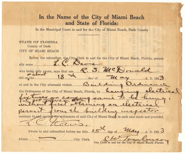 Search warrants and building violations,1920s - Document, recto: [Building violation reported to city clerk by L.C. Davis for R.S. McDowald's(?) aforesaid violation of hanging electrical lights without a permit. Signed by City Clerk, C.W. Tomlinson, May 25, 1923]