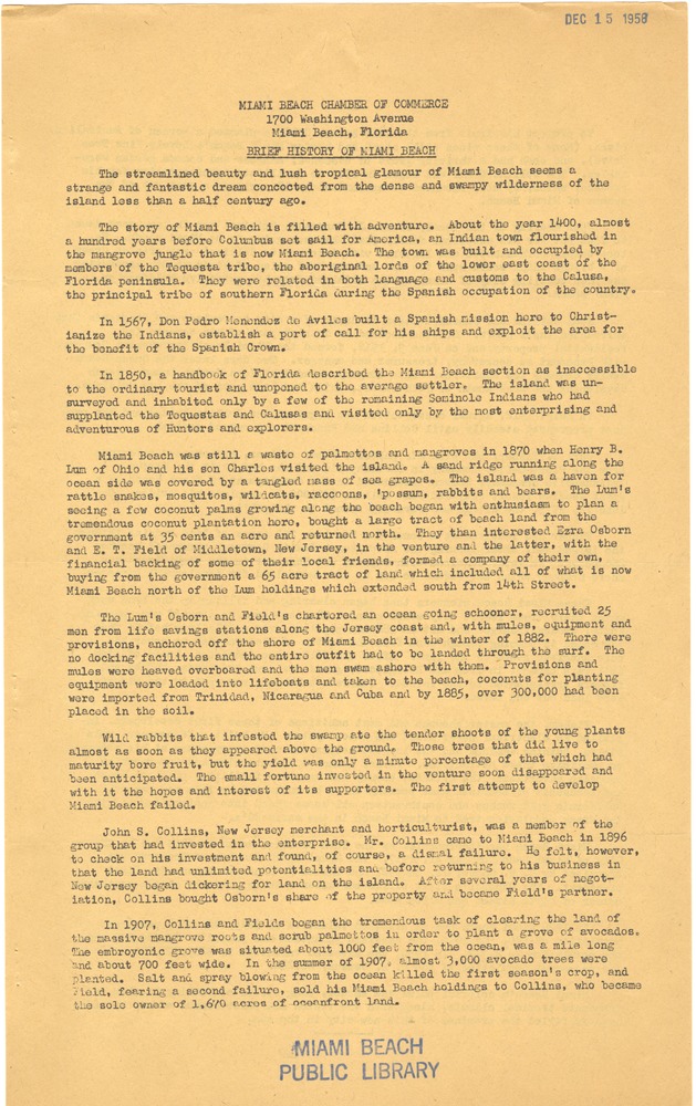 Brief History of Miami Beach - Typescript, p. 1: [Brief History of Miami beach]
