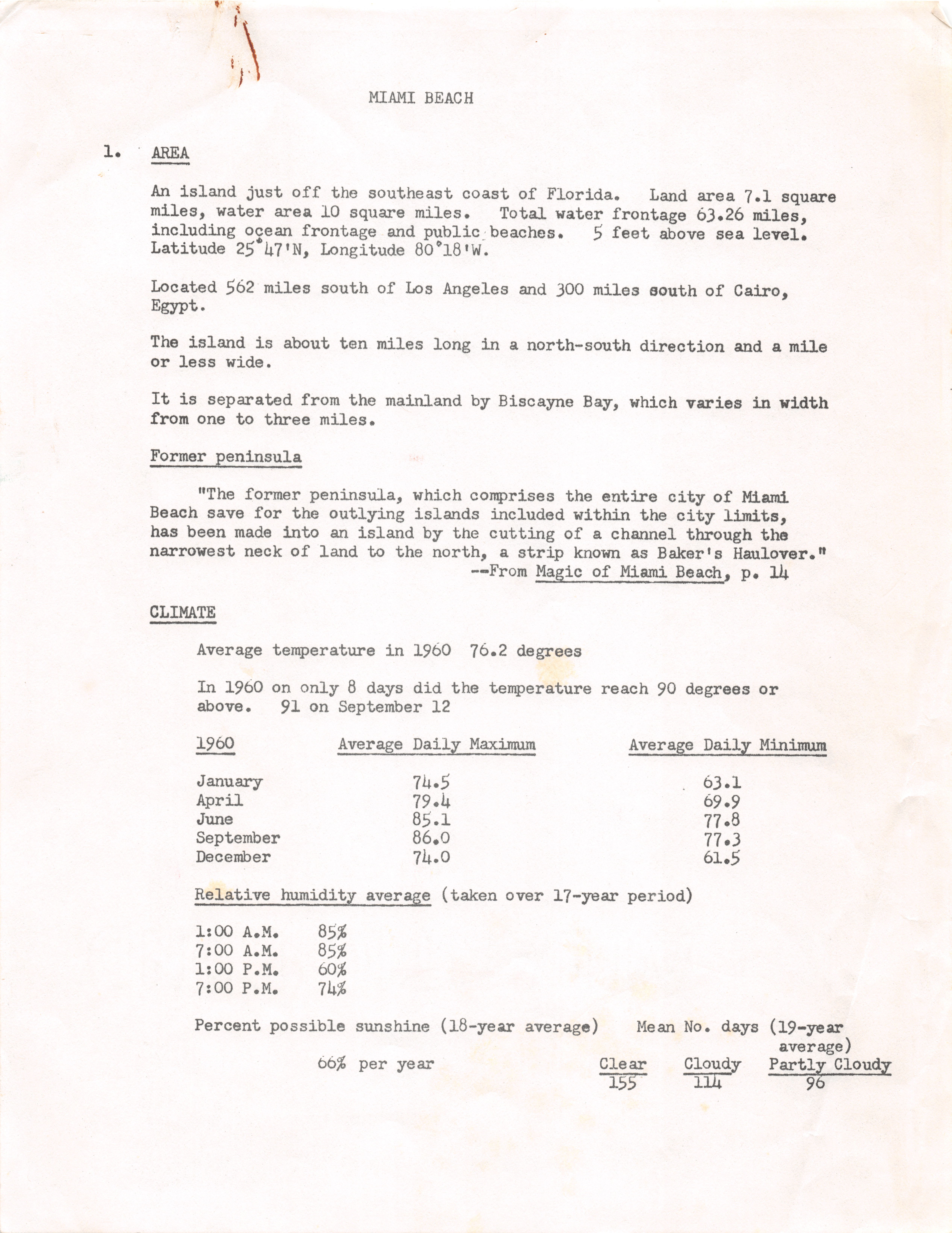 History and statistics on Miami Beach, Coral Gables, and Florida