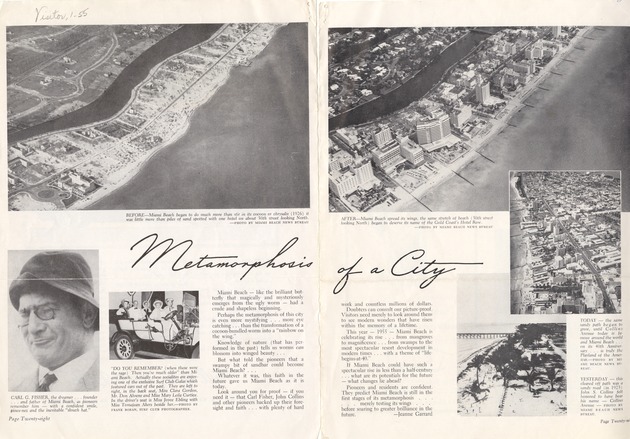 Metamorphosis of a City - Recto: [Periodical entitled, "Metamorphosis of a City," with pictures of beach, Carl Fisher and aerial views comparing 30th street looking north in 1926 and 1955].