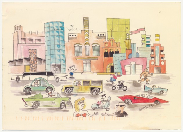 Watercolor for the event, "The Story of Miami Beaches' Hotels," at the Loews Miami Beach Hotel - Recto: [Watercolor depicting a busy Miami Beach tourist scene with hotels in background].