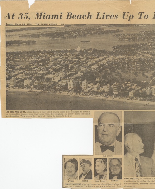 At 35, Miami Beach lives up to its pioneers' dream - Newspaper: [View of Miami Beach, 35th Anniversary, March 26, 1950].