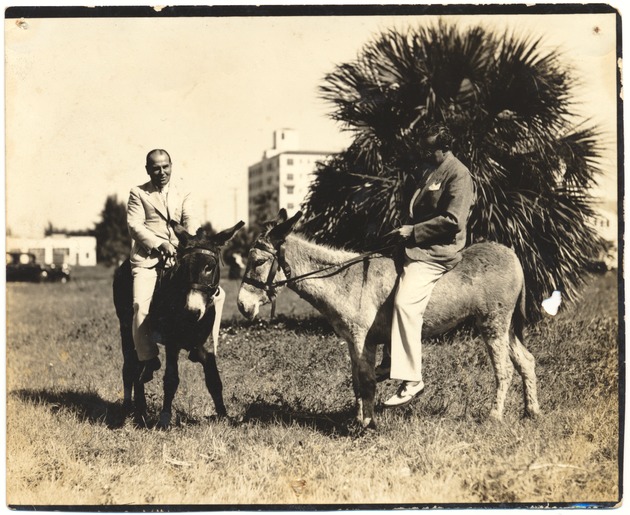 Donkey Baseball at Flamingo Park, 1935 - Photograph, recto: [Edgar Louis Keuling, right and Harry Hice, left, both Miami Beach City Councilman – Donkey Baseball at Flamingo Park, 1935].