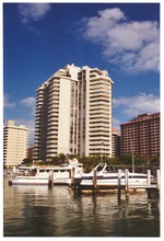 Miami Beach Apartment buildings and boats from creek