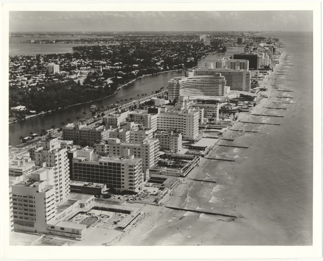 Miami Beach, looking north from Forty-first Street - Photograph, recto: [Aerial view of Miami Beach looking north from 41st Street, 1960s]