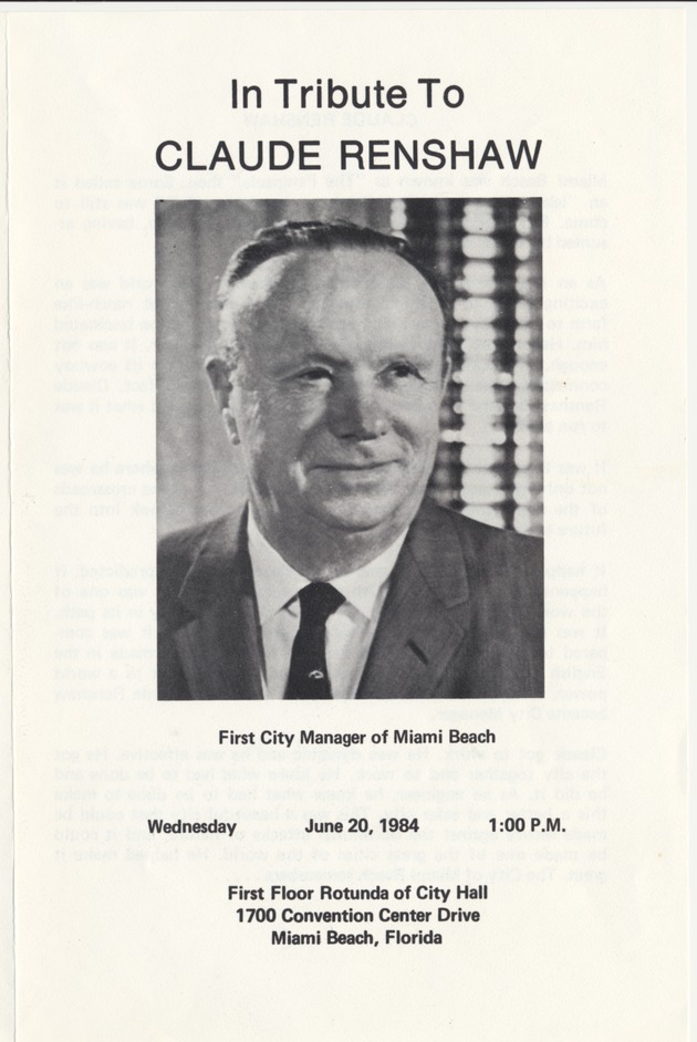 Tribute of Claude Renshaw, First City Manager of Miami Beach. - Cover: In Tribute to Claude Renshaw. First City Manager of Miami Beach.