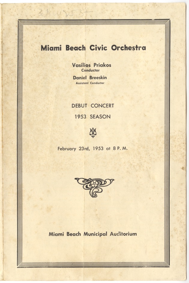 Miami Beach Civic Orchestra, debut concert, 1953 season - Program, Miami Beach Civic Orchestra, Debut Concert, 1953 Season.