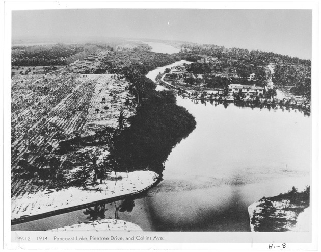 Miami Beach residences and estates - Photograph, recto: [Pancoast Lake, Pinetree Drive, and Collins Avenue. The Pancoast House can be seen to the right, with Indian Creek circling the house by the lake]