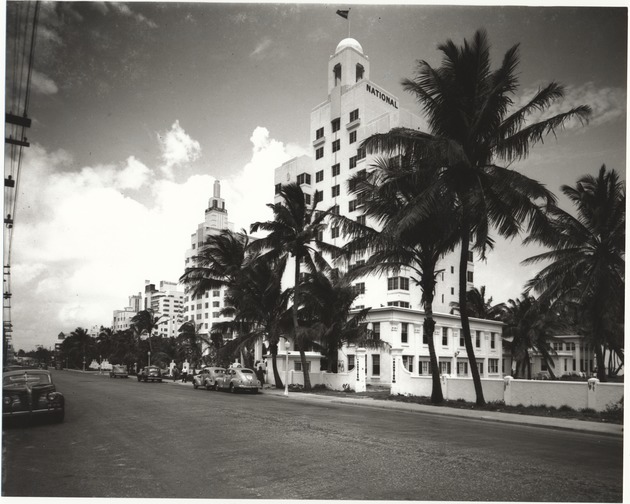 National Hotel and Amusement Business article on Miami Beach - Photograph, recto: [View of the National Hotel from NE corner of Lincoln Road and Collins Avenue]