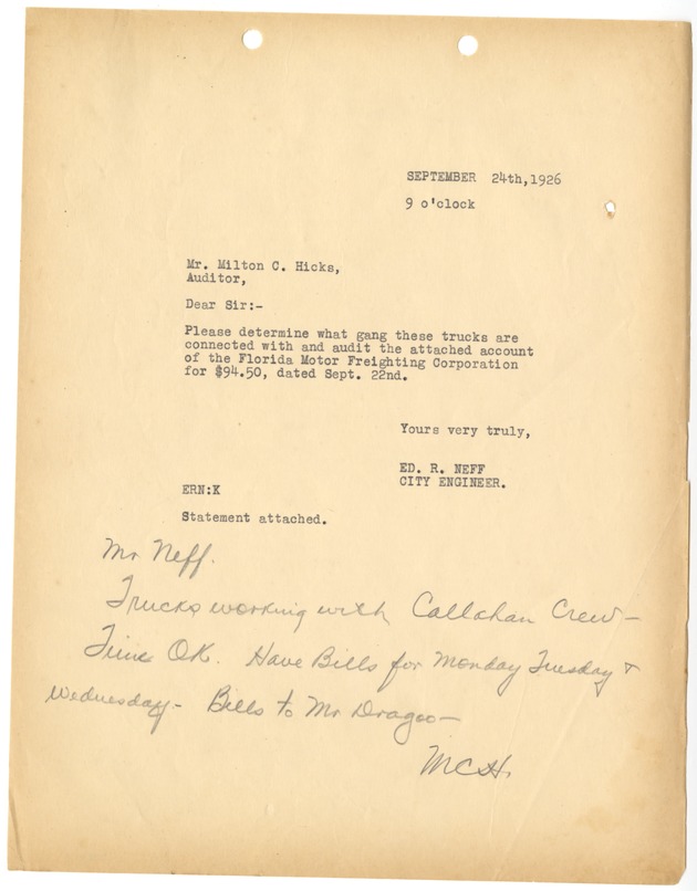 City Engineer letters and reports - [Letter addressed to Mr. Hilton C. Hicks from City Engineer Ed. R. Neff, September 24th, 1926]