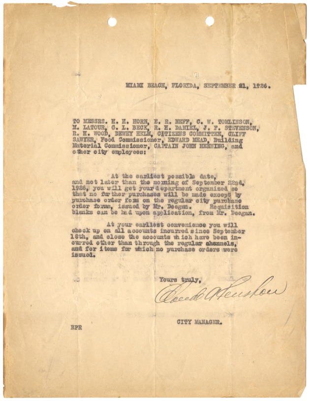 Claude A. Renshaw Letters and Telegram regarding 1926 Miami Hurricane - [Letter addressed to Park Superintendent E. H. Horn, City Engineer E. R. Neff, C. W. Tomlinson, M. Latour, C. L. Beck, R. H. Daniel, J. F. Stevenson. R. H. Wood, Dewey Helm, Citizens Committee, Food Commissioner Cliff Sanyer, Building Material Commissioner, Captain John Henning, and other city employees from City Manager Claude A. Renshaw, September 21st, 1926]