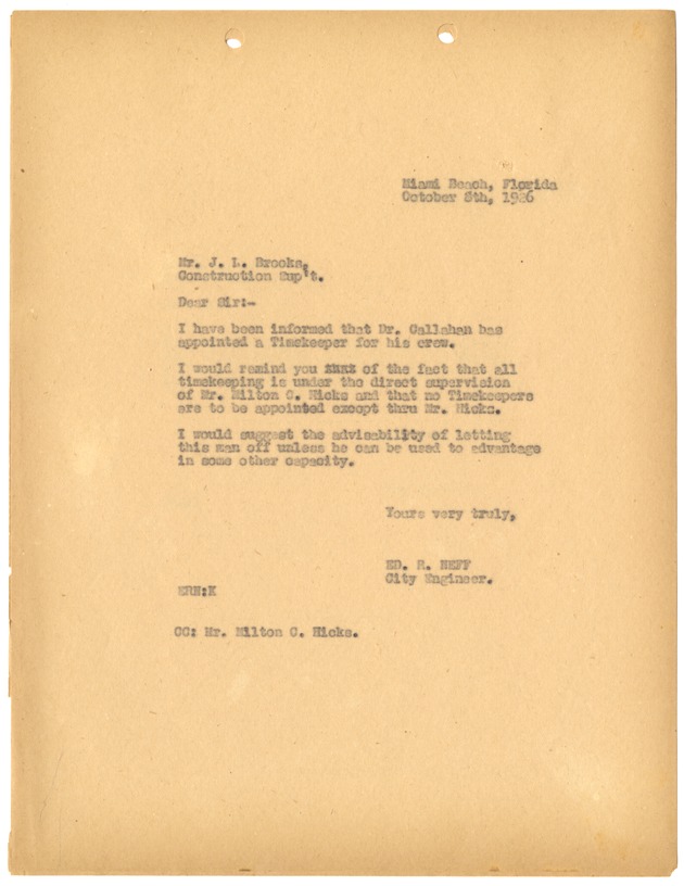 Miami Beach City Engineer Ed. R. Neff's Letters - [Letter addressed to Construction Superintendent J. L. Brooks from City Manager Ed. R. Neff, October 5th 1926]