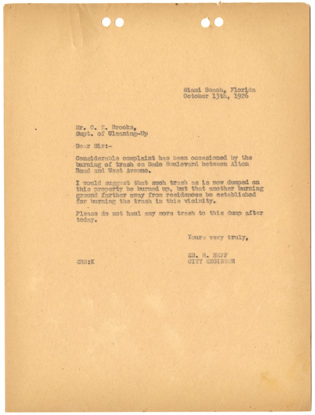 City Engineer's letters and notes after the 1926 hurricane in Miami Beach - [Letter addressed to Superintendent of Cleaning-Up C. E. Brooks from City Engineer Ed. R. Neff, October 13th 1926]