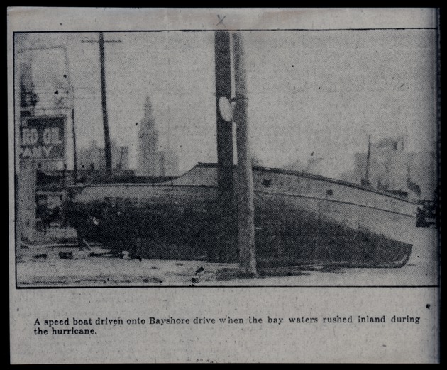 A Speed Boat Driven onto Bayshore Drive when the Bay Waters Rushed Inland during the Hurricane