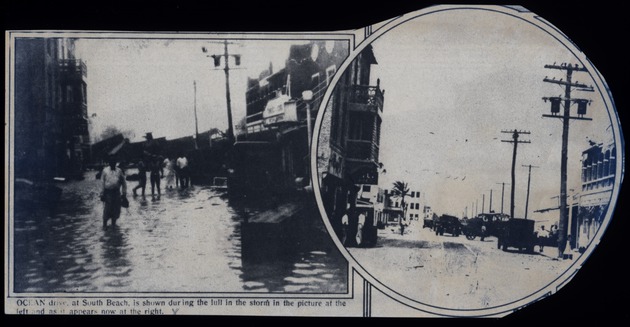 Ocean Drive, at South Beach, is shown during the lull in the storm in the picture at the left, and as it appears now at the right
