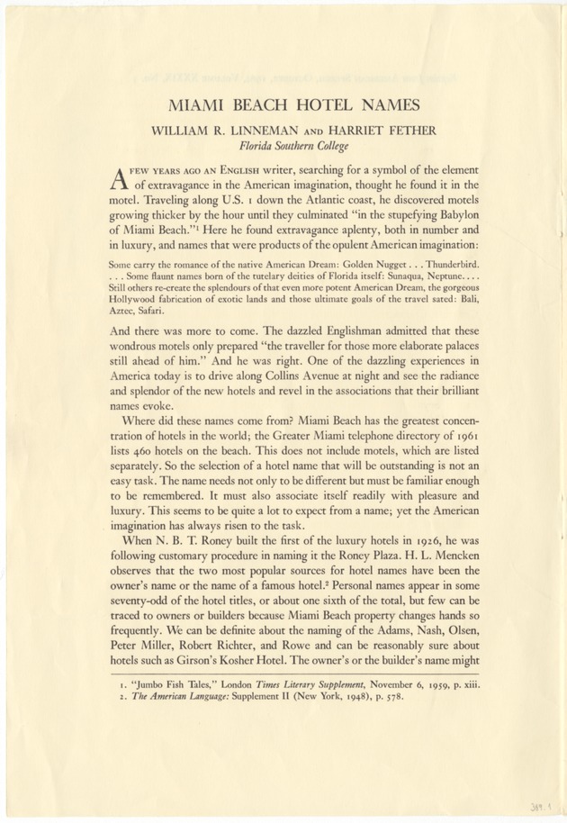 Speech regarding Miami Beach hotel names, press release on Miami Beach history,  and booklet of properties for sale - 001: Miami Beach Hotel Names