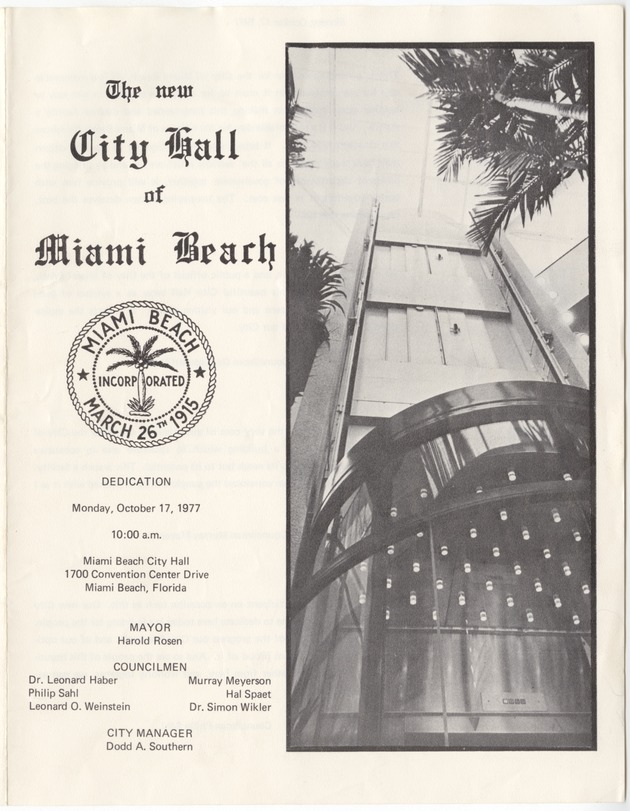 Program and pamphlet for the new Miami Beach city hall dedication - Pamphlet, cover: The new City Hall of Miami Beach Dedication, Monday October 17, 1977