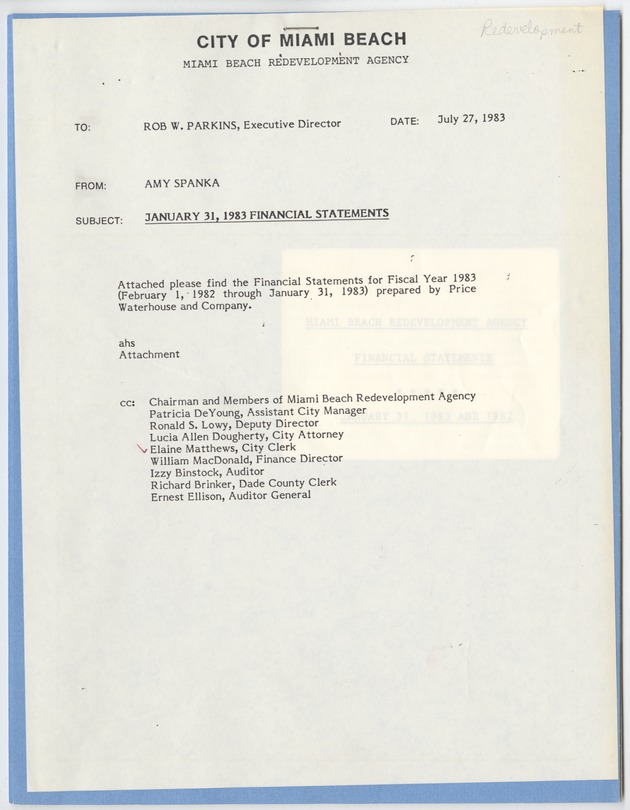 Miami Beach Redevelopment Agency  Financial Statements: January 31, 1983 and 1982 - Typescript, unnumbered page: [Note from Amy Spanka to Miami Beach Redevelopment Agency Executive director Rob W. Parkins, July 27, 1983]