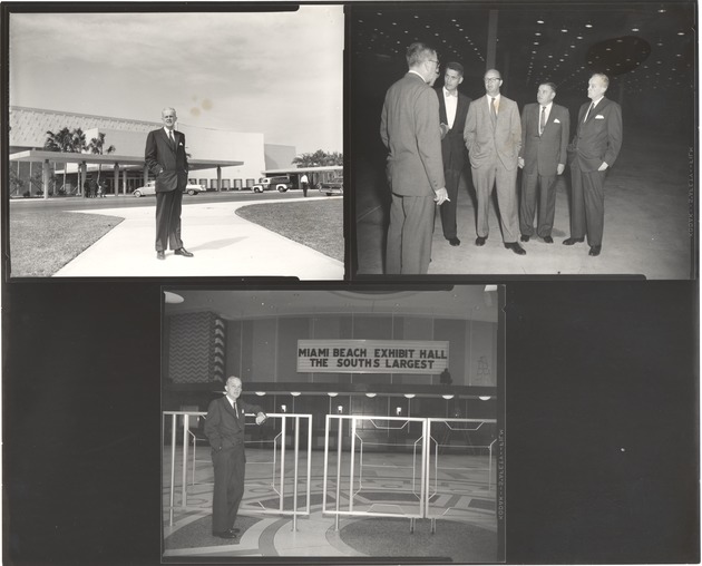 Miami Beach Auditorium and Convention Center scenes - Photographs, recto: [11/58 Democratic Committee, Claude Ritter - Director of the Miami Beach Auditorium and Convention Hall, Ken Oka - Mayor, Paul Mulholland Butler - chairman of the Democratic National Committee, November 1958]