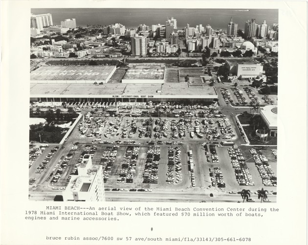 Miami Beach Convention Hall interior and exterior - Photograph, recto: Miami Beach--An aerial view of the Miami Beach Convention Center during the 1978 Miami International Boat Show, which featured $70 million worth of boats, engines, and marine accessories. 