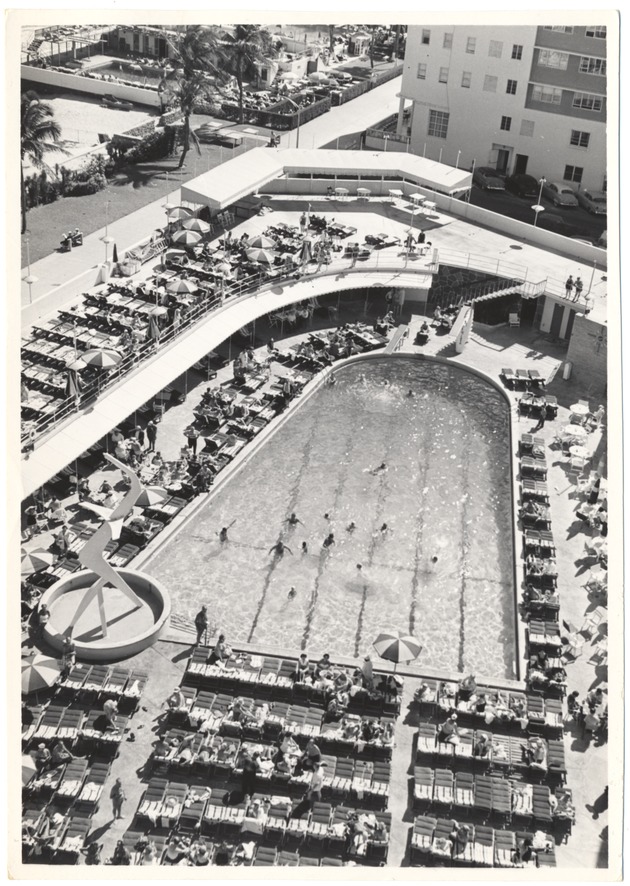 Promotional photographs of Miami Beach hotel pools - Photograph, recto: [Algiers Hotel pool, February 1956].