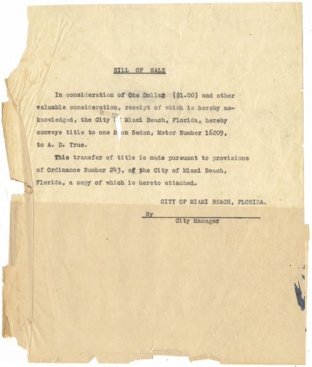 Abandoned cars after the 1926 hurricane documents - Document, recto: [Not signed bill of sale to A. D. True re Ordinance number 243] 