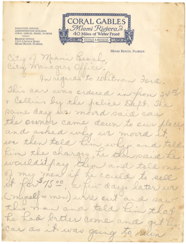 Abandoned cars after the 1926 Hurricane - Letter, p. 1: Handwritten letter addressed to City of Miami Beach City Manager's Office from True White Garage's A.D. True