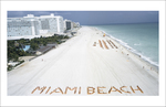 Aerial view of sunbathers forming the word Miami Beach on the beach next to the Fontainebleau and Sorrento Hotel