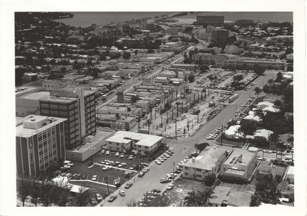 Aerial view of Miami Beach parking lots and structures, looking west - 