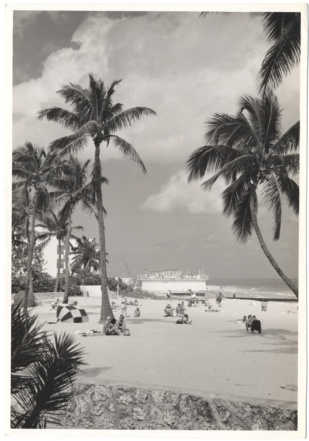 Beach scene with pool in the background, February 1960 - 