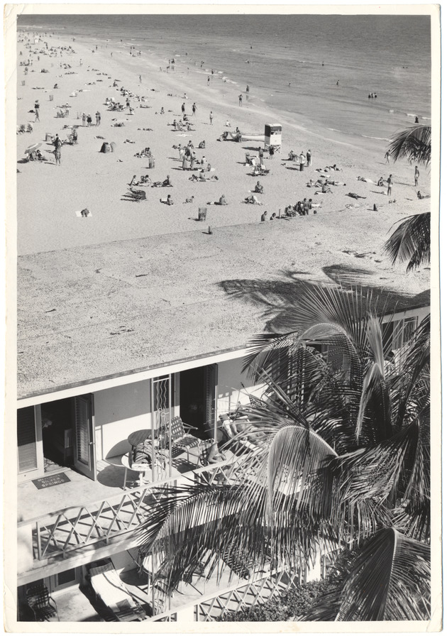 Beach scene with a hotel in the foreground, January 4, 1955 - 