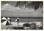 Loretta Larsen beach modeling scene, August 1955