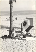 Esther Claire and Mary Jane Hagen beach modeling scene, October 1953