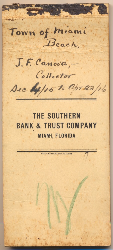 Miami Beach tax records and history - Cover: Town of Miami Beach, J.F. Canova, Collector: Dec 4/15 to Apr 22/16