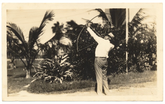 Flamingo Park sports, 1929 -1932 - Photograph, recto: [Posed photograph of archer at Flamingo Park, 1932]