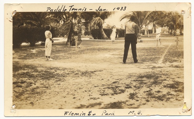 Flamingo Park in the early 1930s - Photograph, recto: [Paddle Tennis at Flamingo Park, January 1933]