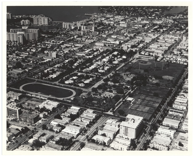 Aerial view of Flamingo Park with hotels in the background - Recto Photograph