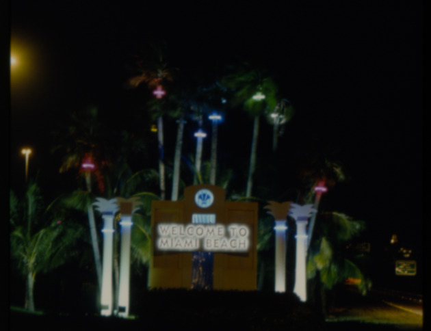 Welcome to Miami Beach sign at night