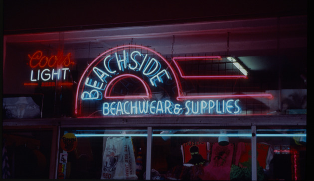 Night scene of Beachside Beachwear & Supplies