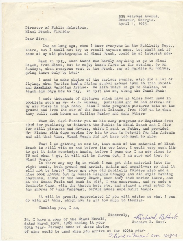 Letter to the city from Richard B. Hoit regarding donation of memorabilia and photographs - Correspondence, recto: [Letter addressed to the Department of Public relations from Richard B. Holt, April 1, 1965]