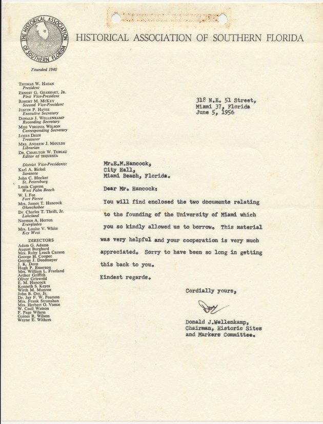 Collection of documents regarding the founding of the University of Miami and a plaque on campus - [Letter addressed to Mr. E.M. Hancock from Historical Association of Southern Florida Historic Sites and Markers Committee Chairman Donald J. Wellenkamp, June 5th, 1956]