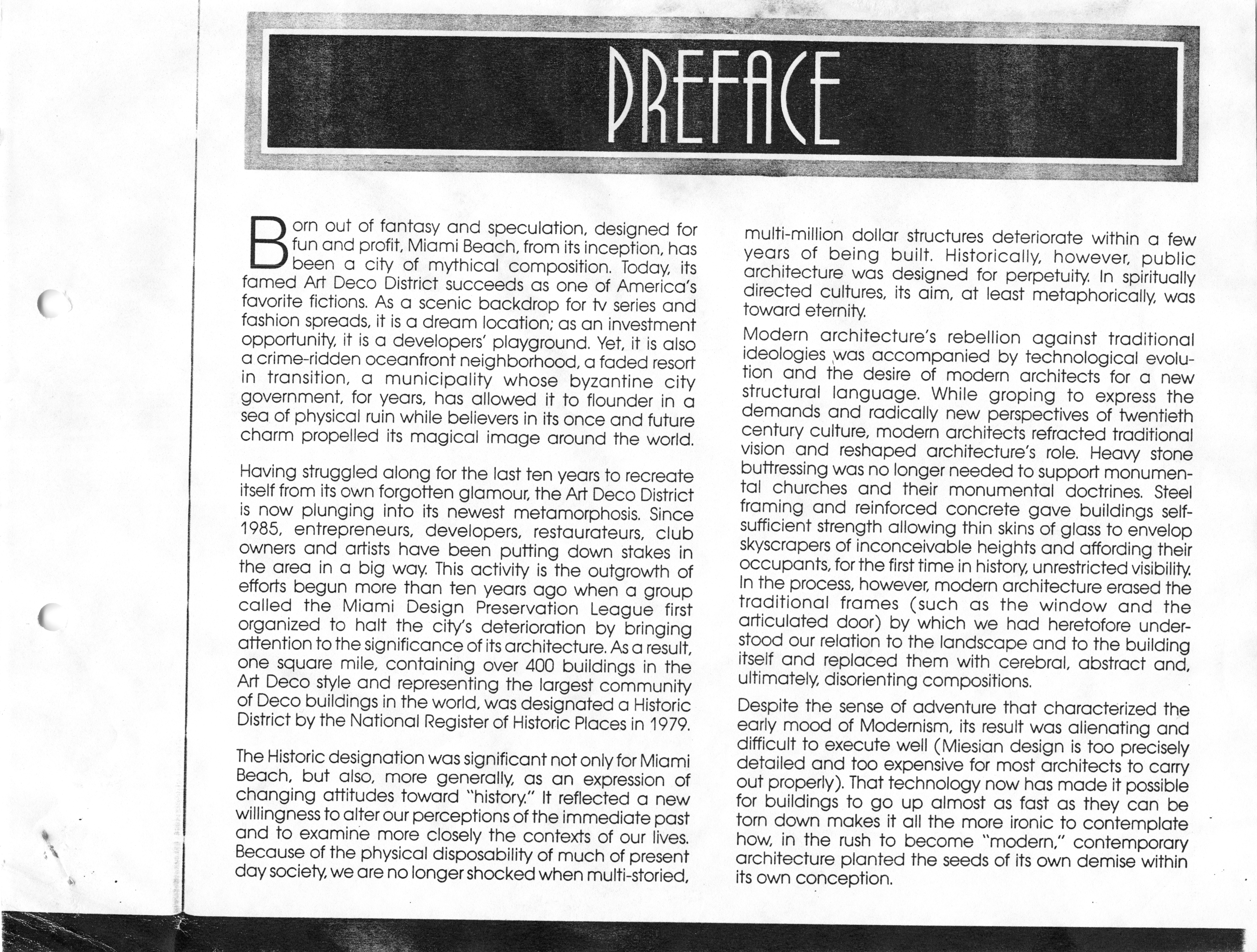 Collection of documents about the history and preservation of Miami Beach's Art Deco District - Document, cover: [Preface. Document about the Miami Beach Art Deco District