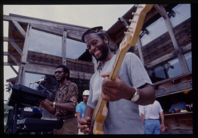 Musicians perform outside Smith & Wollensky