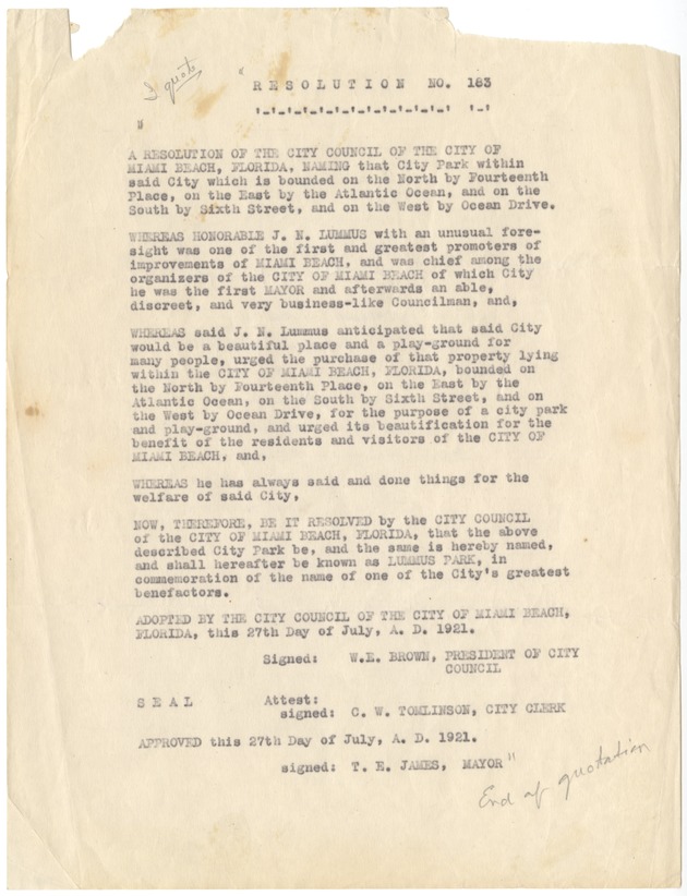 Resolution No. 183 naming Lummus Park - Resolution, p. 1, recto: Resolution No. 183 [Draft naming Lummus Park, signed by W.E. Brown, President of City Council, C.W. Tomlinson, City Clerk, attesting, and signed by T.E. James, Mayor]