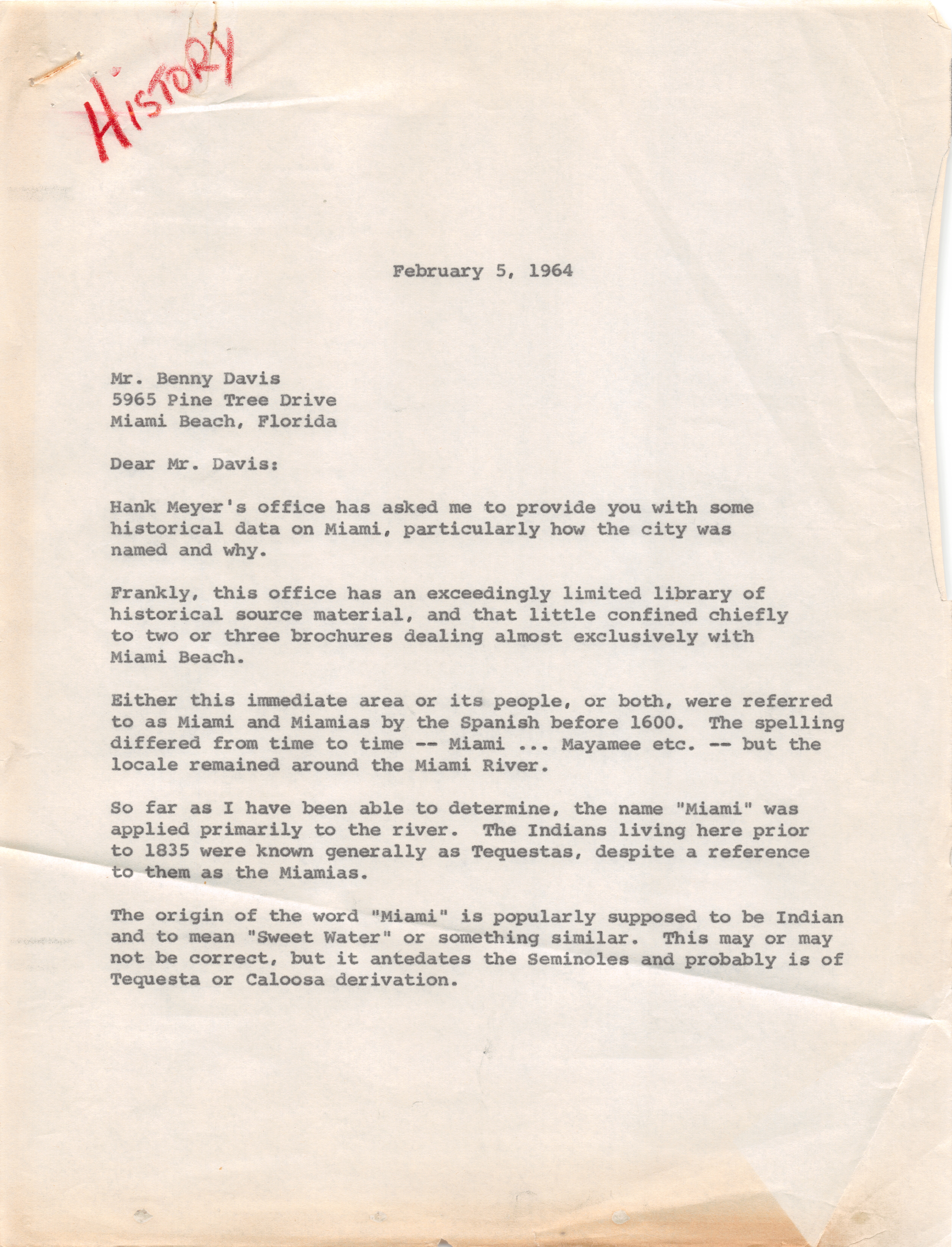 Miami Beach Tourist Development Authority Publicity Department history of Miami Beach name - Letter, p. 1: [Letter addressed to Mr. Benny Davis from S.W. Matthews, February 5 1964]