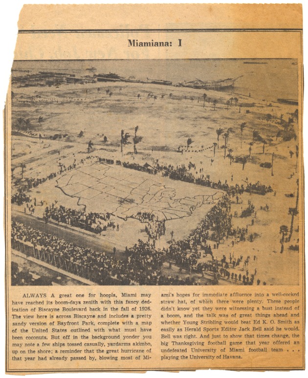 Promotional photographs and newspaper clippings for Miami Beach - Clipping, recto: [Text] "Miamiana: 1" [Dedication of Biscayne Boulevard, fall 1926, article ca. 1933] [Photographic Illustration]
